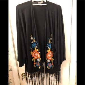 Neiman Marcus Embroidered Fringed Sleeved Shawl